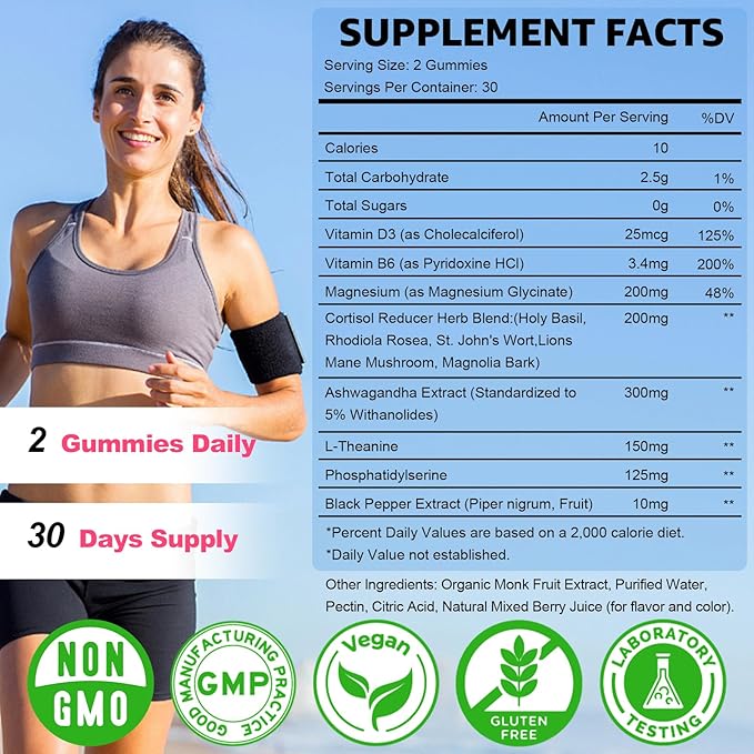 2 Packs Cortisol Gummies - Cortisol Supplements for Women & Men with Ashwagandha, Magnesium, L-theanine for Cortisol Balance, Support Relaxation, Energy, Zzz, Mixed Berry Flavor, 120Ct