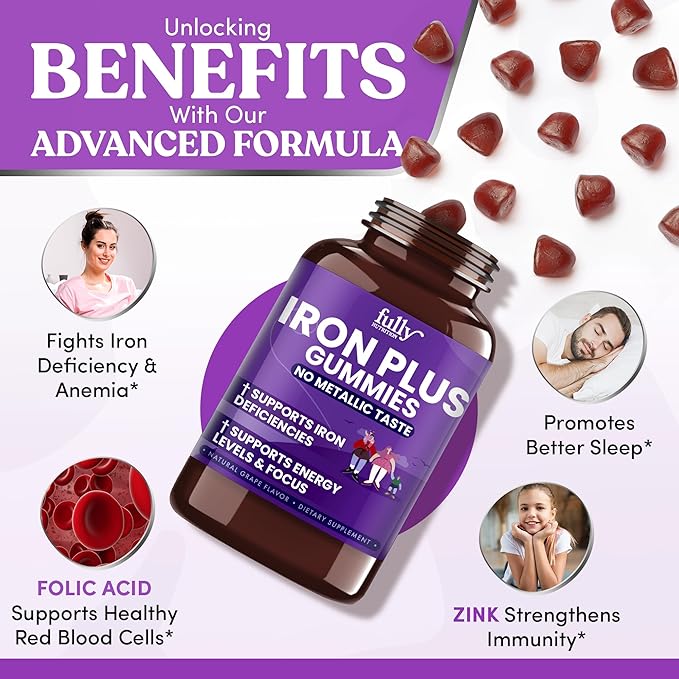 Iron Gummies Supplements for Women, Men and Kids – Health Blood & Energy Support for Iron Deficiency, Anemia, No After Taste- Fresh Grape Flavor- 100 Gummies (50 Days Supply)
