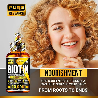 PURE RESEARCH Liquid Biotin & Collagen Hair Growth Drops 60,000mcg – Biotin and Liquid Collagen Supplements for Women & Men – Supports Glowing Skin, Healthy Hair & Nail Growth (2Fl Oz)