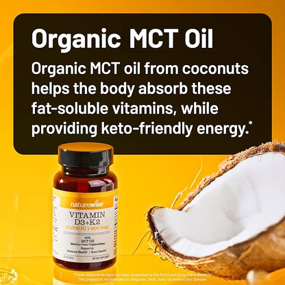 NatureWise Vegan Vitamin D3 + K2 in Organic Coconut MCT Oil - Natural D3 10000IU + Natural K2 200mcg - High Absorption Bone Support - Non-GMO - USA Manufactured - 90 Softgels[90-Day Supply]