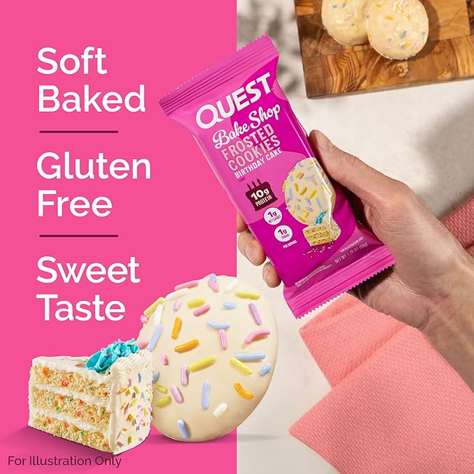 Quest Nutrition Frosted Cookies Twin Pack, Birthday Cake, 1g Sugar, 10g Protein, 1g Net Carbs, Gluten Free, 16 Cookies