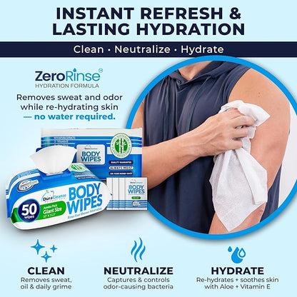 Dura Cleanse Body Wipes for Adults Bathing - (2 Pack) 100 XL No Rinse Bath Wipes + 8 Travel Shower Sheets - 10 x 11.5" Extra Thick Disposable Washcloths for Elderly Incontinence & Camping Essentials