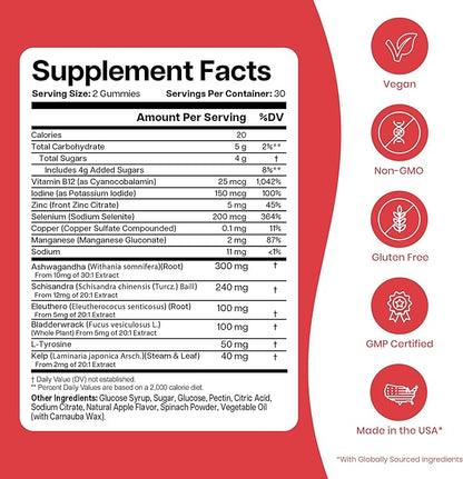 Thyroid Support Gummies - Selenium Supplement & Iodine Supplements for Thyroid Support - Energy Booster for Women and Men - Hypothyroidism Supplements with Metabolism Support
