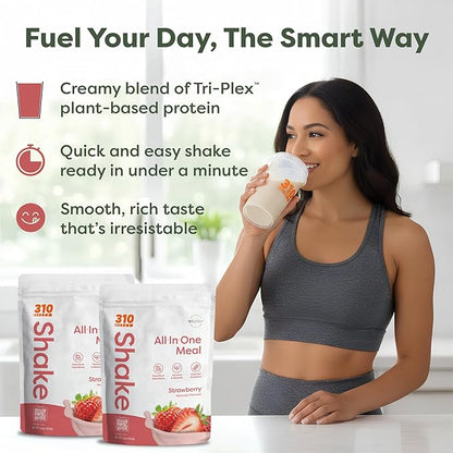 310 Nutrition All-In-One Meal Replacement Shake Powder - Plant-Based Protein Smoothie Blend w/High Fiber, Probiotics & Adaptogens - Low Carb, Vegan, Keto & Paleo Friendly - Strawberry - 14 Srv