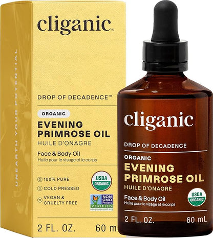 Cliganic Organic Evening Primrose Oil, 100% Pure (2oz) - For Hair & Face | Natural Cold Pressed Unrefined