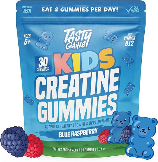 TASTY GAINS Kids Creatine Gummies with Vitamin B12 for Growth Support, Kids Vitamin Gummies for Daily Nutrition Support, Gummy Vitamins for Kids, Easy Chew Supplement for Children