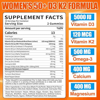 Vitamin D3 K2 Gummies Supplement for Women 50+: Organic Vitamin D3 5000 IU + K2 (MK-7) 120 mcg with 500mg Omega-3, 400mg Calcium, CoQ10 for Immune Health - Extra Strength for Adults(60Count)