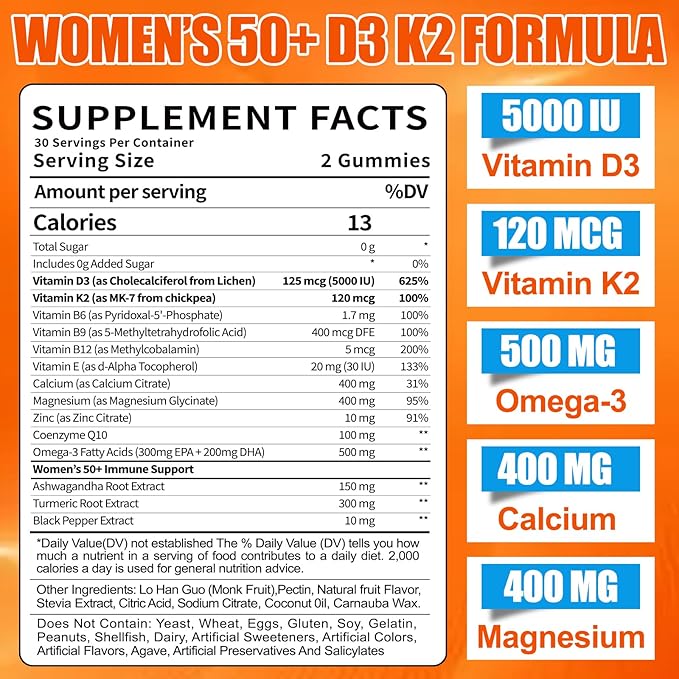 Vitamin D3 K2 Gummies Supplement for Women 50+: Organic Vitamin D3 5000 IU + K2 (MK-7) 120 mcg with 500mg Omega-3, 400mg Calcium, CoQ10 for Immune Health - Extra Strength for Adults(120Count)