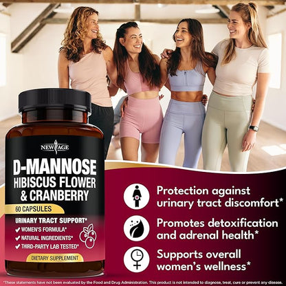 NEW AGE D-Mannose with Cranberry & Hibiscus - High Strength for Urinary Tract Health - Supplement for Women - Bladder, Liver & Microflora Support - Made in USA - Vegan, 60 Capsules