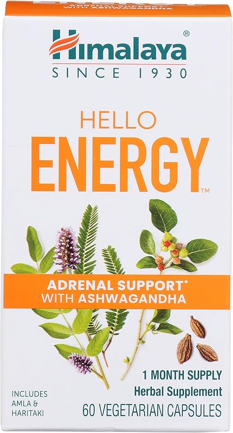 Himalaya Hello Energy Herbal Supplement with Ashwagandha, Amla, Haritaki, Daily Energy Support, Positivity, Metabolism, Caffeine Free, Gluten Free, Non-GMO, Vegan, 60 Capsules, 30 Day Supply