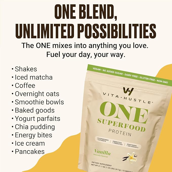 VitaHustle ONE Vegan Vanilla Protein Powder - 20g Plant Protein Meal Replacement with 86+ Superfoods & Greens, Probiotics + No Bloat Digestive Blend - Dairy Free, Gluten Free (15 Servings)