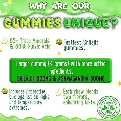 OH MY CHEWY Pure Himalayan Shilajit Gummies - High Potency Gold Grade Resin - Energy Boost and Immune Support for Men and Women with Ashwagandha and Shatavari - 120 Gummy - Apple & Kiwi