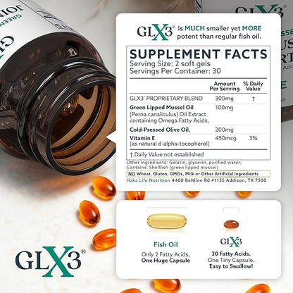 GLX3 Green Lipped Mussel Oil Capsules for Joint and Muscle Support | Extra-Strength ETA, EPA, DHA Omega-3 Green Lipped Mussel Supplement for Comfort, Flexibility & Recovery by HakaLife GLX3