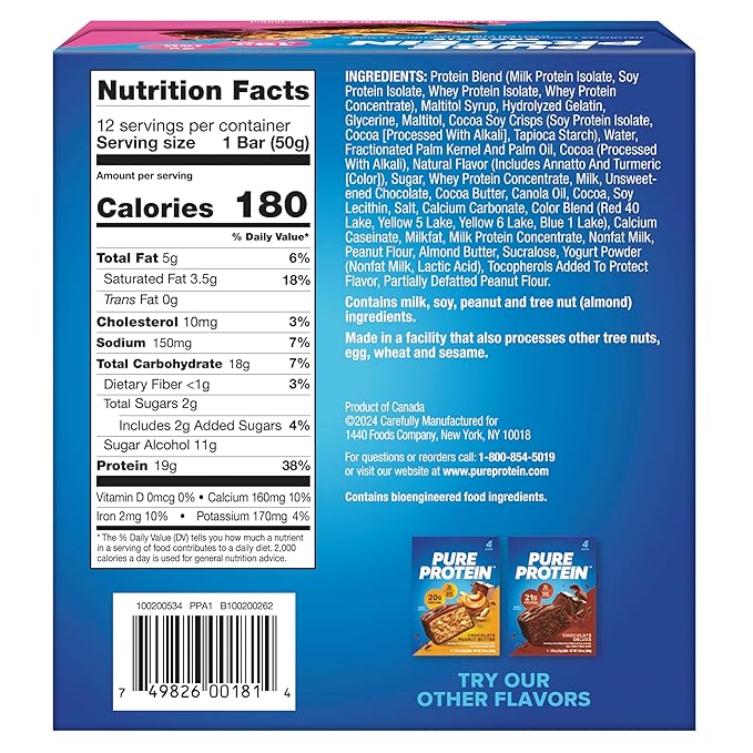 Pure Protein Brookie Protein Bars – 20g Protein, 3g Sugar, 190 Calories (12 count) Low Sugar* High Protein Snack - Gluten Free - Perfect for a Healthy Snack