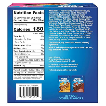Pure Protein Brookie Protein Bars – 20g Protein, 3g Sugar, 190 Calories (12 count) Low Sugar* High Protein Snack - Gluten Free - Perfect for a Healthy Snack