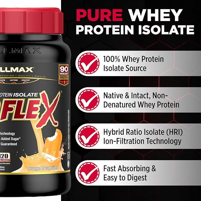 ALLMAX ISOFLEX Pure Whey Isolate Protein Powder - Gluten Free, Low Lactose, Sugar-Free - High-Protein, Clean, Keto-Friendly for Pre Post Workout Supplement for Women and Men | Orange Dreamsicle, 2lb