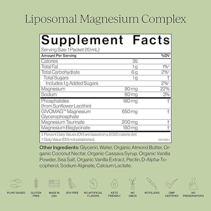 Cymbiotika Liposomal Magnesium Complex – Promotes Relaxation, Restful Sleep, and Heart & Brain Health – Highly Absorbable 3-in-1 Formula – Vanilla Almond, 10 mL Pouches (28 Count)