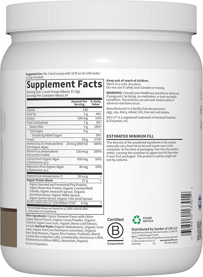 Garden of Life Organic Vegan Protein Powder, 20g Plant Based Protein with Calcium, D3, K2 MK-7 & Magnesium for Bone Strength, Prebiotics & Probiotics for Digestion, Brownie Bites Flavor, 14 Servings