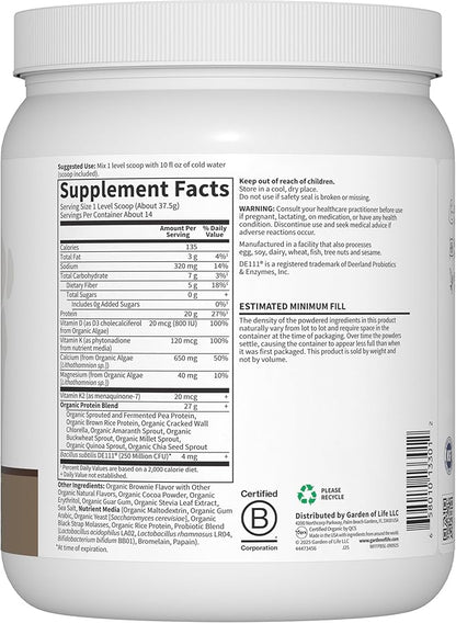 Garden of Life Organic Vegan Protein Powder, 20g Plant Based Protein with Calcium, D3, K2 MK-7 & Magnesium for Bone Strength, Prebiotics & Probiotics for Digestion, Brownie Bites Flavor, 14 Servings