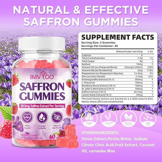 Saffron Gummies for Adult Kids, 10-IN-1 Formula with Saffron 88.5mg, Vitamins D3 & B6, Magnesium, Zinc, Ashwagandha, L-Theanine, St. John's Wort - Supports Mood & Focus, Raspberry Flavor, 60 Count