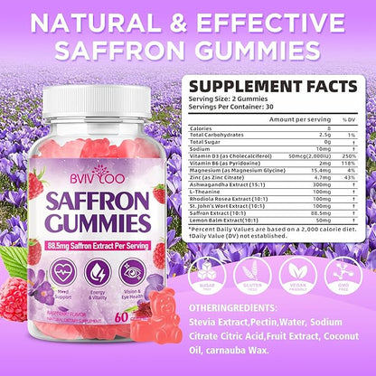 Saffron Gummies for Adult Kids, 10-IN-1 Formula with Saffron 88.5mg, Vitamins D3 & B6, Magnesium, Zinc, Ashwagandha, L-Theanine, St. John's Wort - Supports Mood & Focus, Raspberry Flavor, 60 Count
