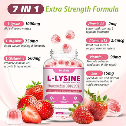 L-Lysine Gummies 1000mg, 7-in-1 Lysine Gummies for Adults & Kids, Essential Amino Acid with L-Arginine, L-Glutamine, Vitamin for Lip & Skin, Immune, Calcium Absorption, Strawberry Flavor, 60Ct