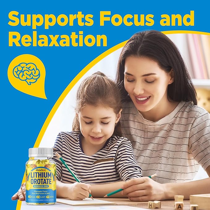 Lithium Orotate Gummies 5mg, Low Dose Lithium Supplements with Magnesium & NAC for Mood & Stress Relief, Gentle & Highly Absorbable, Sugar Free, Vegan, Pectin, Pineapple, 60 Chews