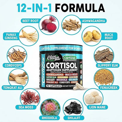 Clean Nutra Cortisol Supplements For Women | Maca Root Ashwagandha Cortisol Detox Manager Reducer + Slippery Elm Fenugreek Lions Mane Shilajit Rhodiola Sea Moss Tongkat Ali Cordyceps Ginseng Beet Root