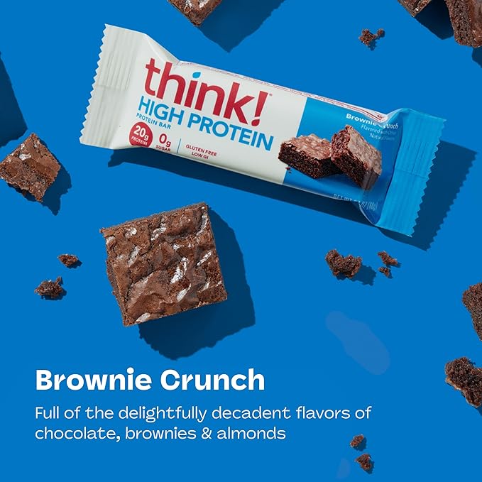 think! Protein Bars, High Protein Snacks, Gluten Free, Kosher Friendly, Brownie Crunch, Nutrition Bars, 2.1 Oz per Bar, 30 Count (Packaging May Vary)