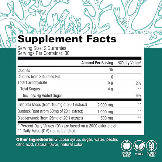 COUNTRY FARMS Irish Sea Moss Gummies, 2000mg Irish Moss, Burdock Root, Bladderwrack for Immune Support, Promotes Digestive Health, Skin and Hair Support, Pectin Based, Vegan, Gluten Free, Green Apple