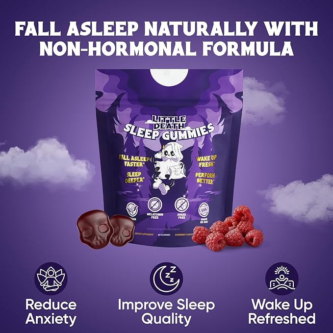 LITTLE DEATH Deep Sleep Gummies, 60 Pcs. – 50 mg. Magnesium, Ashwagandha, Chamomile, Vitamin B6 – Raspberry Flavor – Melatonin Free, Sugar Free, Vegan, Made in USA