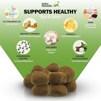 Deley Naturals Hip and Joint Supplement for Dogs - Glucosamine Chondroitin MSM & Collagen for Dogs - Dog Joint Supplement, Smaller Chews, Low Calories, Same Ingredients - 120 Chicken Flavor Chews
