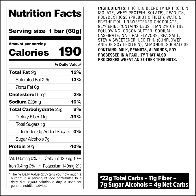 Quest Nutrition Chocolate Peanut Butter Protein Bars, 20g Protein, 1g Sugar, 5g Net Carb, Gluten Free, Keto Friendly, 4 Count