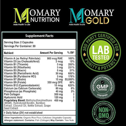MOMARY Gold Hyaluronic Acid with Biotin, Collagen, Keratin, B-Complex (B1, B2, B3, B5, B6, B7, B9, B12), Vitamins A & D3, Folic Acid, Calcium, Phosphorus – Hair, Skin & Nail Support – 60 Capsules