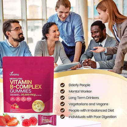 Vitamin B Complex Gummies, 6000 mcg Methylated Vitamin B12, with B6 B1, B2, B3, B5, B7, Methylfolate, Vitamins A C D E, Vegan, Non GMO, Methylated B Complex Vitamin - 60 Gummies