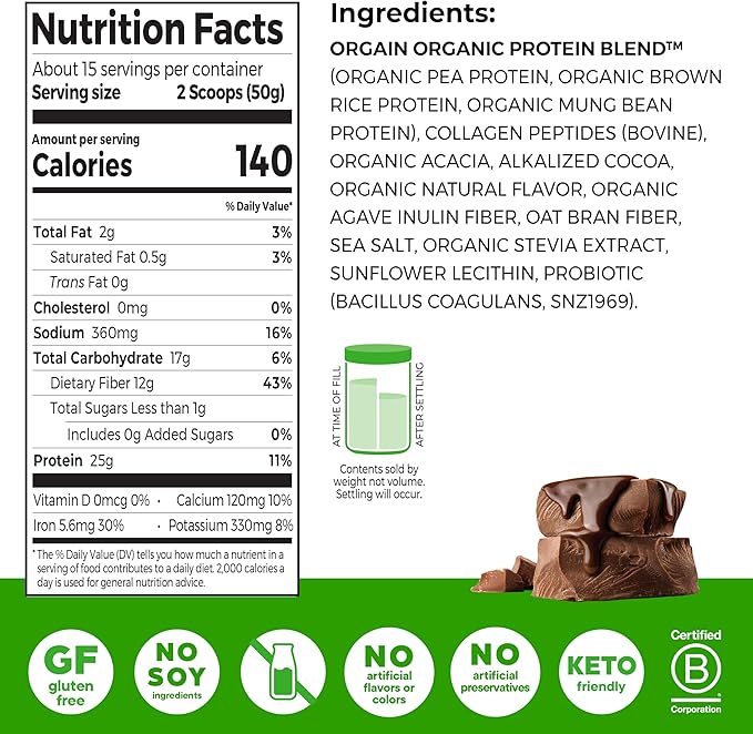 Orgain Protein Powder + Collagen, Creamy Chocolate Fudge - 25g of Protein, 10g Collagen Peptides, Type I & III, 1B CFU Probiotics, Supports Hair, Skin, Nail, Joint & Gut Health, Gluten Free - 1.6lb