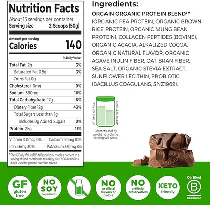 Orgain Protein Powder + Collagen, Creamy Chocolate Fudge - 25g of Protein, 10g Collagen Peptides, Type I & III, 1B CFU Probiotics, Supports Hair, Skin, Nail, Joint & Gut Health, Gluten Free - 1.6lb