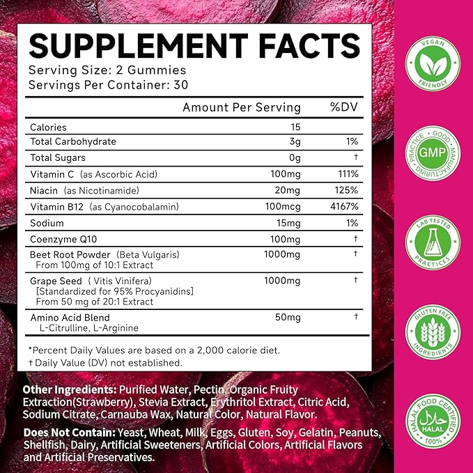 Beetroot Gummies with Grape Seed, Niacin, CoQ10, Vitamin C, B12, L-Citrulline & L-Arginine, Antioxidant Support, Sugar-Free Beet Root Supplement for Women & Men, 120 Count