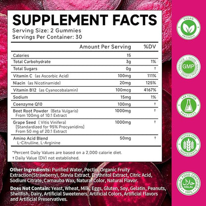 Beetroot Gummies with Grape Seed, Niacin, CoQ10, Vitamin C, B12, L-Citrulline & L-Arginine, Antioxidant Support, Sugar-Free Beet Root Supplement for Women & Men, 120 Count