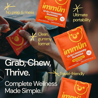Grüns Immun Sugar Free Immunity Gummies with Vitamin C, Zinc, MCT Oil, & Turmeric - Daily Immune Support Supplement for Adults - Sour Pineapple Flavor (28 Count)