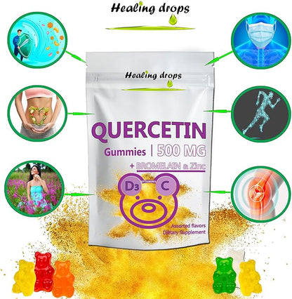 Quercetin with Bromelain Gummies - Vitamin C + Zinc + Vitamin D3 - Quercetin 500mg Gummies for Kids and Adults (2 Packs)