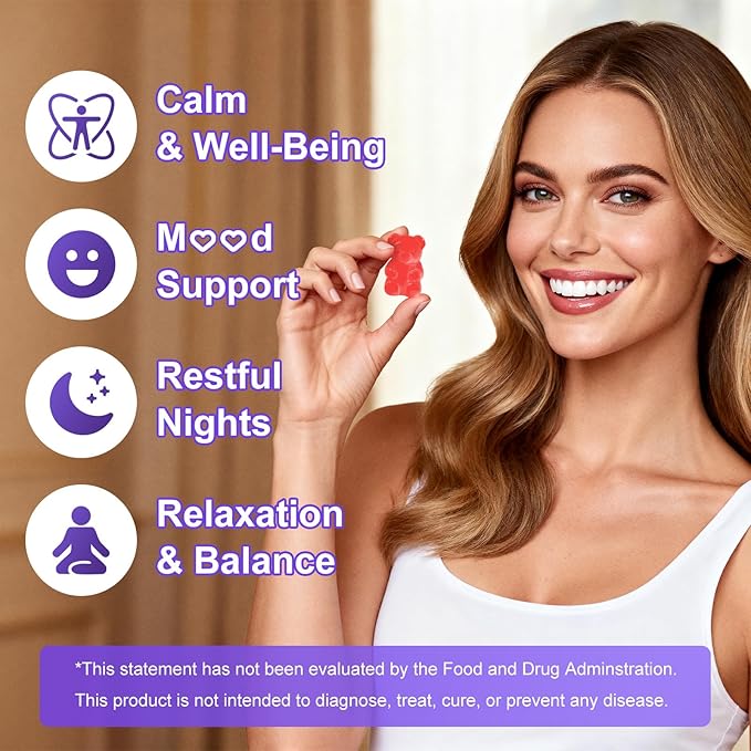 Sugar Free L-Theanine Gummies, L Theanine Supplement for Adults & Kids, L'Theanine with Ashwagandha, Magnesium, 5HTP & GABA - Support Calm, Relax, zzZ, Focus, Vegan Strawberry Flavor, 60 Count