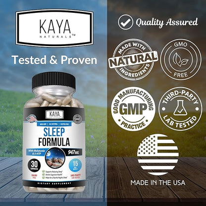 Kaya Naturals - Sleep Support Formula with Melatonin - Aid Support Vitamin Supplement - Sleep Stress and Mood Support - L-Tryptophan, Passion Flower, Ashwagandha and More (30 Count) (Pack of 2)
