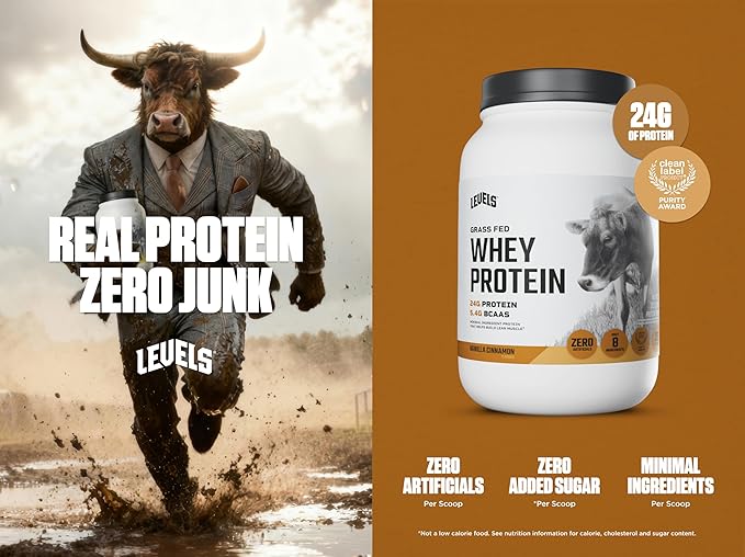 Levels Grass Fed Whey Protein Powder, No Artificials, 24G of Protein, Vanilla Cinnamon, 2LB