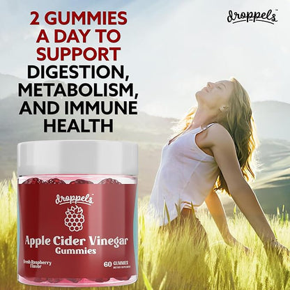 Droppels Apple Cider Vinegar Gummies 1000mg with Beet Root & Pomegranate | Non-GMO, Vegan-Friendly, Gluten Free | Supports Digestion, Metabolism, Energy & Immune Health | Raspberry Flavor