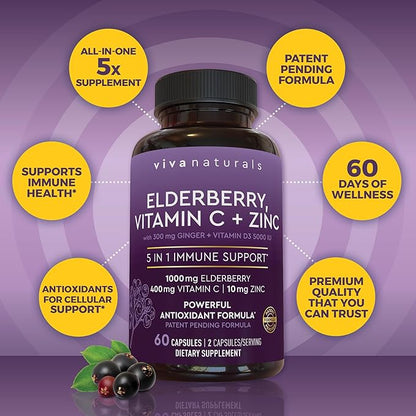 Viva Naturals Black Elderberry 1000mg with Vitamin C, D3 5000 IU & Zinc - 5-in-1 Immune Support Supplement for Adults, Sambucus Elderberry Capsules with Ginger for Men and Women, (60 Capsules)