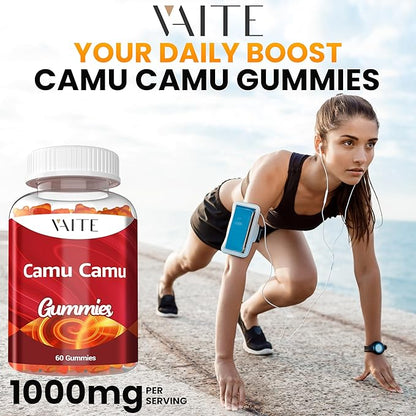 VAITE Camu Camu Vitamin C Gummies for Skin and Hair – Antioxidant-Rich, Vegan, Gluten-Free Supplement for Immune Support, Energy Boost, and Collagen – 60 Chewables for Active Men and Women