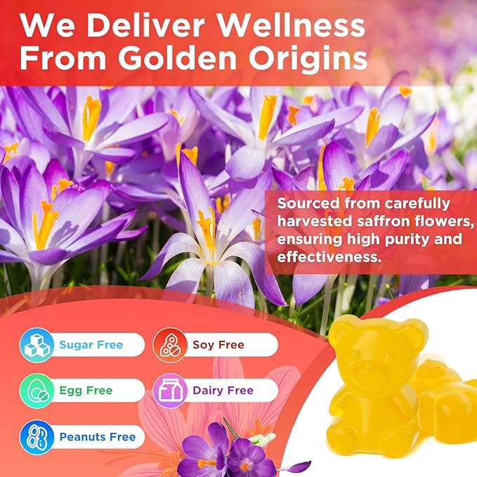 Saffron Gummies for Adult Kids, 10-IN-1 Saffron Supplements with Saffron Extract 88.5 mg, Vitamin D3, B6, B12, L-Theanine, St. John's Wort, Ashwagandha for Mood, Focus, Calm, Melatonin-Free, 120 Count