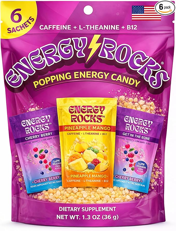 Caffeine Candy - Popping Energy Candy Crystals, 100mg Caffeine, L-Theanine & B12, Fast Energy, No Drink Needed - Coffee Alternative 15-Pack (Pineapple Mango & Cherry Berry)