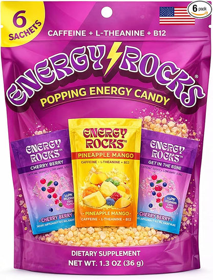 Caffeine Candy - Popping Energy Candy Crystals, 100mg Caffeine, L-Theanine & B12, Fast Energy, No Drink Needed - Coffee Alternative 15-Pack (Pineapple Mango & Cherry Berry)